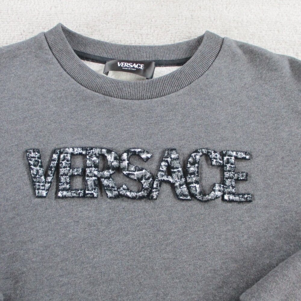 VERSACE Kids Logo Sweatshirt Size 12a Gray Logo Applique Fleece Sweater Crewneck - Picture 2 of 12